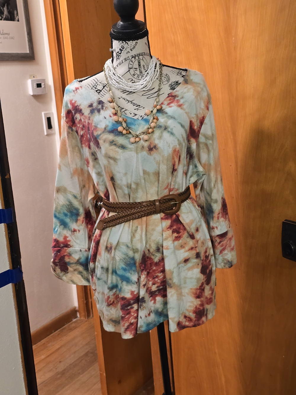 Tie-Dye Long Sleeve Tunic Top/Bohemian Dress in Teal, Rust & Cream.